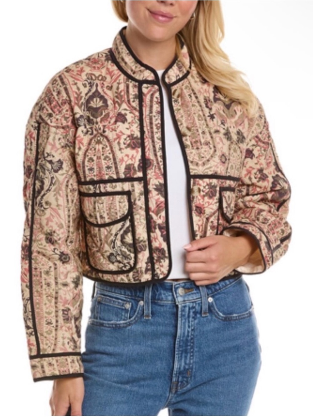 7 For All Mankind Cropped Floral Paisley Jacket with Black Trim